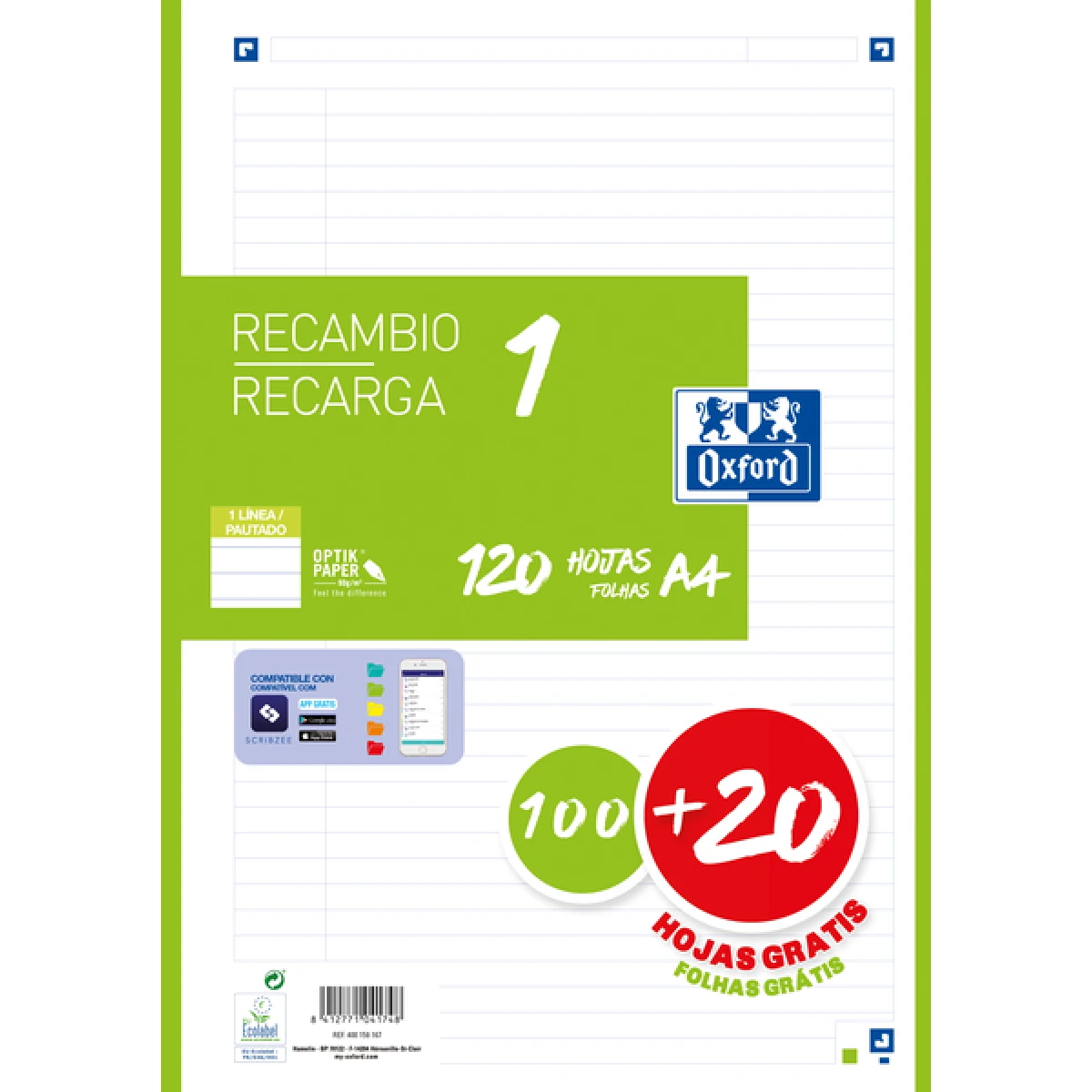 Thumbnail-Oxford School Recambio A4 120 Folhas 1 Linha – 4 Brocas – Faixa Verde