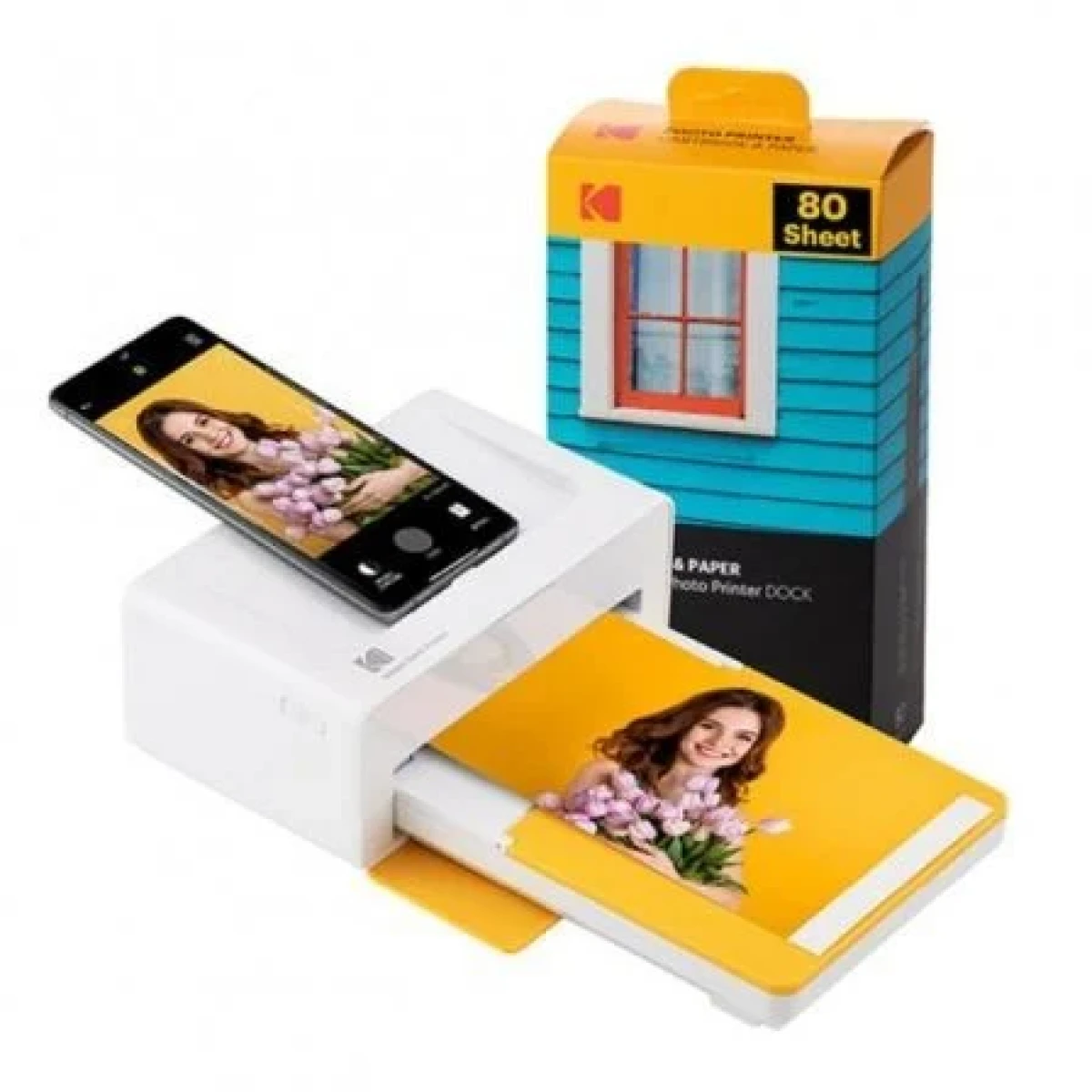 Thumbnail-Pacote de impressora fotográfica portátil Kodak Dock Plus Bluetooth + 80 folhas de papel fotográfico 10x15cm – Formato de impressão 10x15cm – Alimentado por bateria – Cor Branco/Amarelo