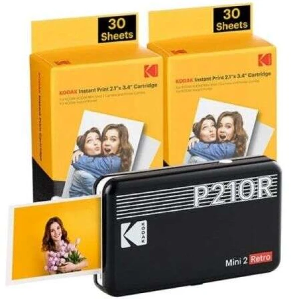 Thumbnail-Pacote de impressora fotográfica portátil Kodak Mini 2 Retro Bluetooth + 60 folhas de papel fotográfico – Formato de impressão 5,3×8,6cm – Alimentado por bateria – Cor preta