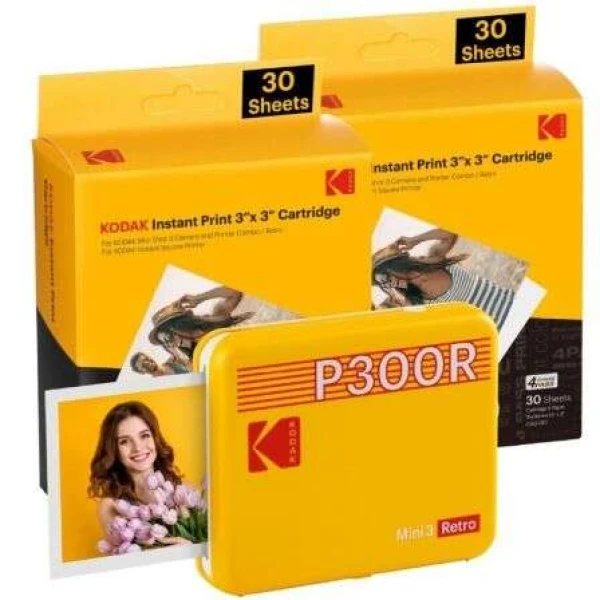 Thumbnail-Pacote de impressora fotográfica portátil Kodak Mini 3 Retro Bluetooth + 60 folhas de papel fotográfico – Formato de impressão 7,62×7,62cm – Alimentado por bateria – Cor amarela