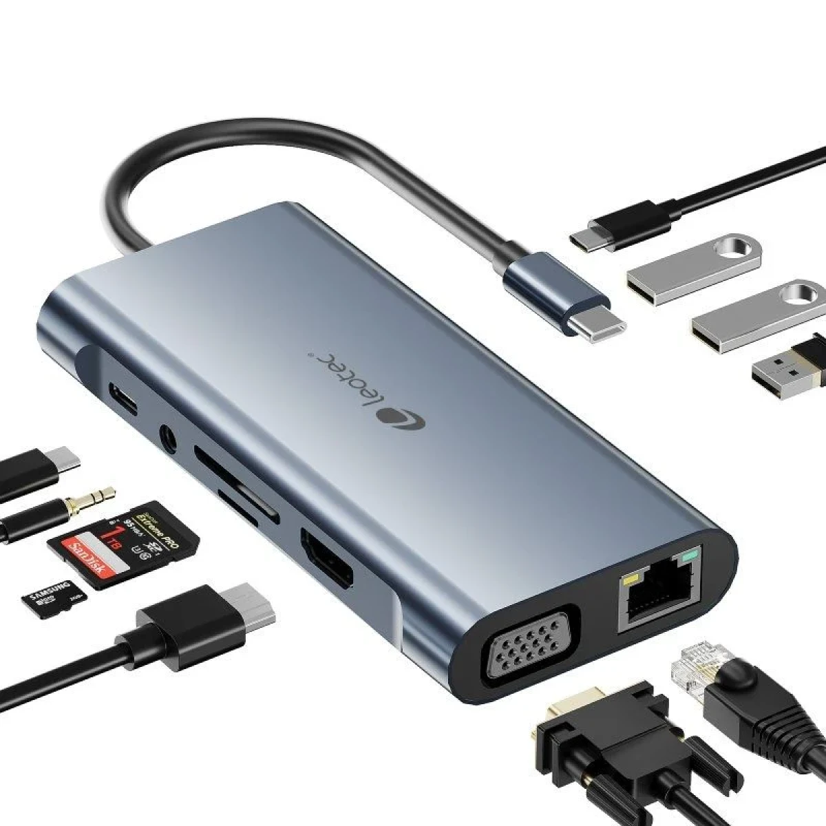 Thumbnail-Adaptador Leotec 11 em 1 USB-C para 1xHDMI, 1xVGA, 1xRJ45, 3xUSB-A 3.0, 1xUSB-C PD, 1xUSB-C, 1xTF+1xSD, 1x Áudio – Cor Cinza