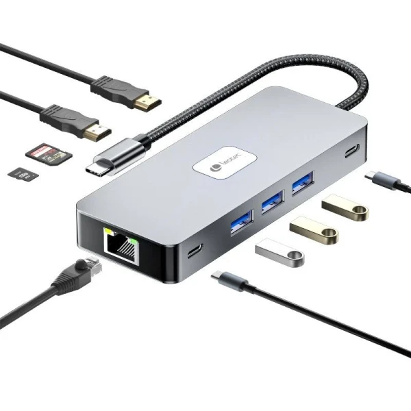 Thumbnail-Adaptador Leotec 10 em 1 USB-C para 2xHDMI, 1xRJ45, 3xUSB-A 3.0, 1xUSB-C PD, 1xUSB-C, 1xTF/SD+1xMicroSD – Cor Cinza