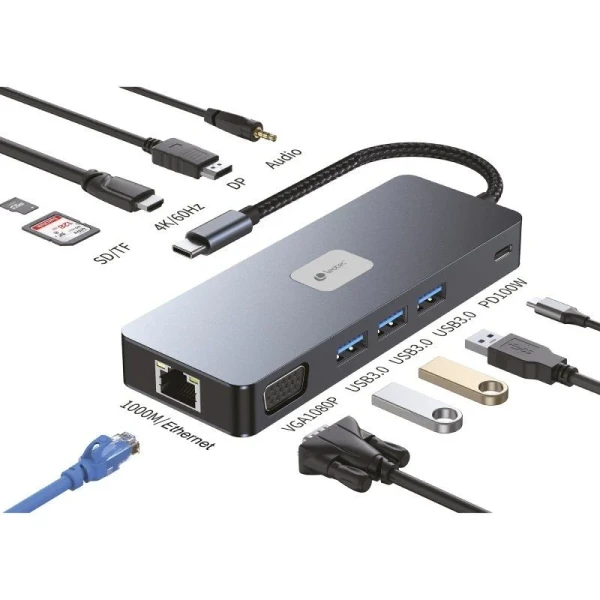 Thumbnail-Adaptador Leotec 11 em 1 Plus USB-C para 1xDisplayPort, 1xHDMI, 1xVGA, 1xRJ45, 3xUSB-A 3.2, 1xUSB-C PD, 1xTF+1xSD, 1x Áudio – Cor Cinza