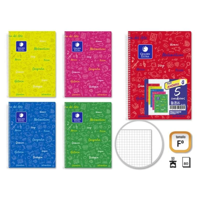 Thumbnail-Pacote Dourado de 5 Cadernos de Assuntos Fólio 80 Folhas 90gr Quadricula 4×4 – Resistente – Capa Dura – Ideal para Estudantes – Cores Sortidas