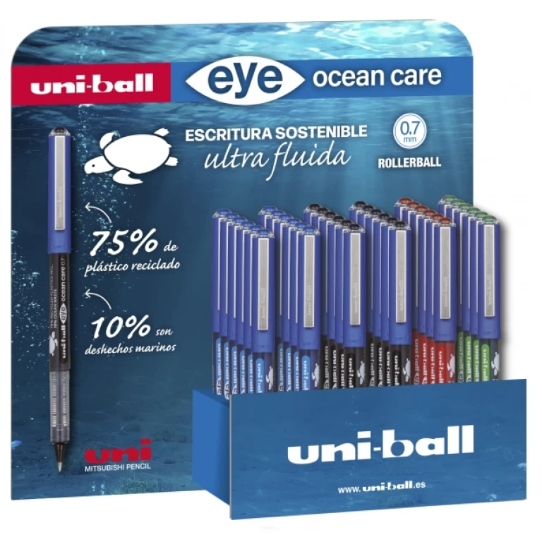 Thumbnail-Uni-ball Eye Ocean Care UB-1570ROP Visor de 36 canetas de tinta líquida – Ponta esferográfica 0,7 mm – Curso 0,5 mm – Tinta pigmentada resistente à água e à luz – Cores sortidas