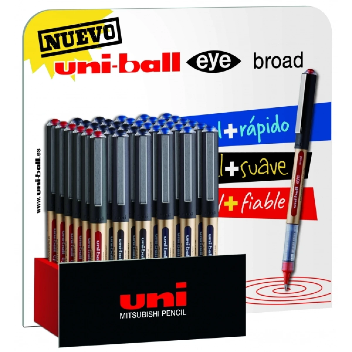 Thumbnail-Expositor Uni-ball UB-150 Eye Broad de 36 canetas de tinta líquida – Ponta esferográfica de 1 mm – Tinta resistente à água e à luz – Sistema de controle de tinta – Cores sortidas