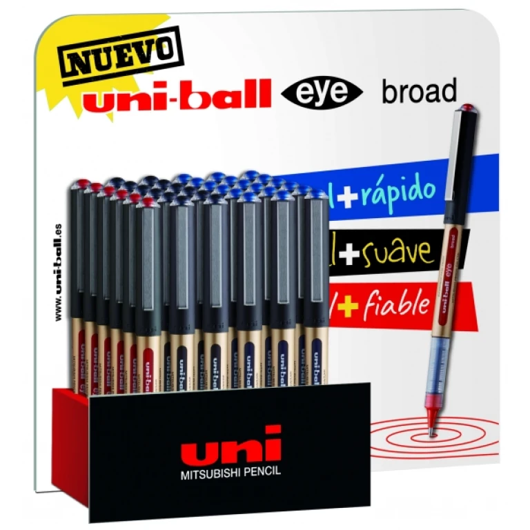 Thumbnail-Expositor Uni-ball UB-150 Eye Broad de 36 canetas de tinta líquida – Ponta esferográfica de 1 mm – Tinta resistente à água e à luz – Sistema de controle de tinta – Cores sortidas