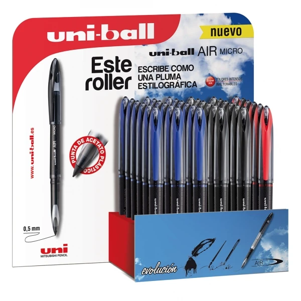 Thumbnail-Expositor Uni-ball Air Micro 188 de 36 Rollerballs – Ponta de acetato de plástico 0,5 mm – Escreve como caneta-tinteiro – Tinta pigmentada resistente à água e à luz – Cores sortidas