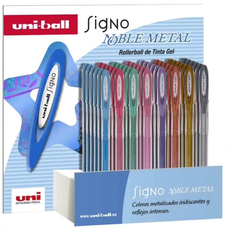 Thumbnail-Expositor Uni-ball Signo Noble Metal de 48 canetas de tinta gel – Ponta esferográfica de 0,8 mm – Tinta resistente à água e à luz – Escreve em papel preto e branco – Cores sortidas