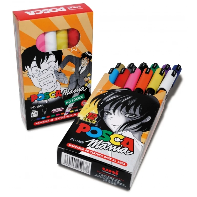 Thumbnail-Posca PC-1MR Pacote de 12 marcadores de tinta – ponta de rolo de fibra de 0,7 mm – tinta à base de água – resistente à luz – não permanente – cores sortidas