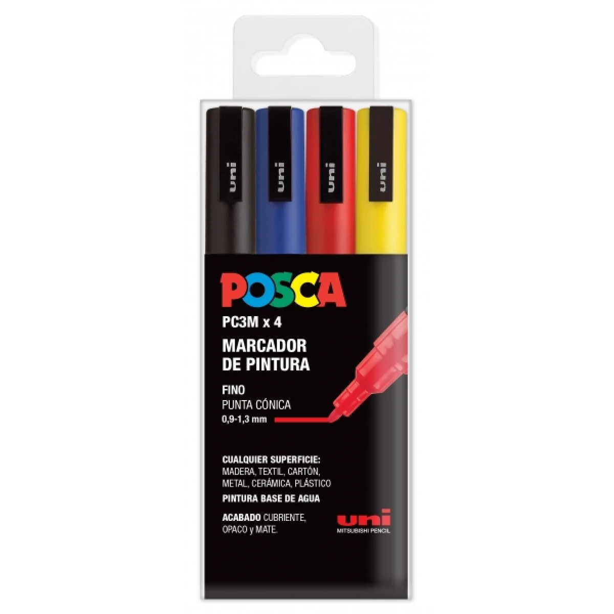 Thumbnail-Posca PC3M Pacote de 4 marcadores de tinta – Ponta cônica 0,9-1,3 mm – Tinta à base de água – Resistente à luz – Não permanente – Ideal para pôsteres e decoração – Cores preto, azul, vermelho e amarelo