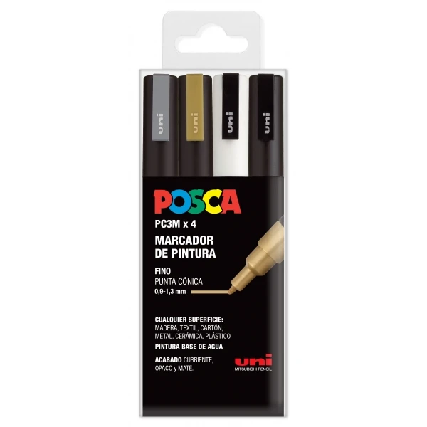 Thumbnail-Posca PC3M Pacote de 4 marcadores de tinta – Ponta cônica 0,9-1,3 mm – Tinta à base de água – Resistente à luz – Não permanente – Ideal para pôsteres e decoração – Cores prata, dourado, branco e preto