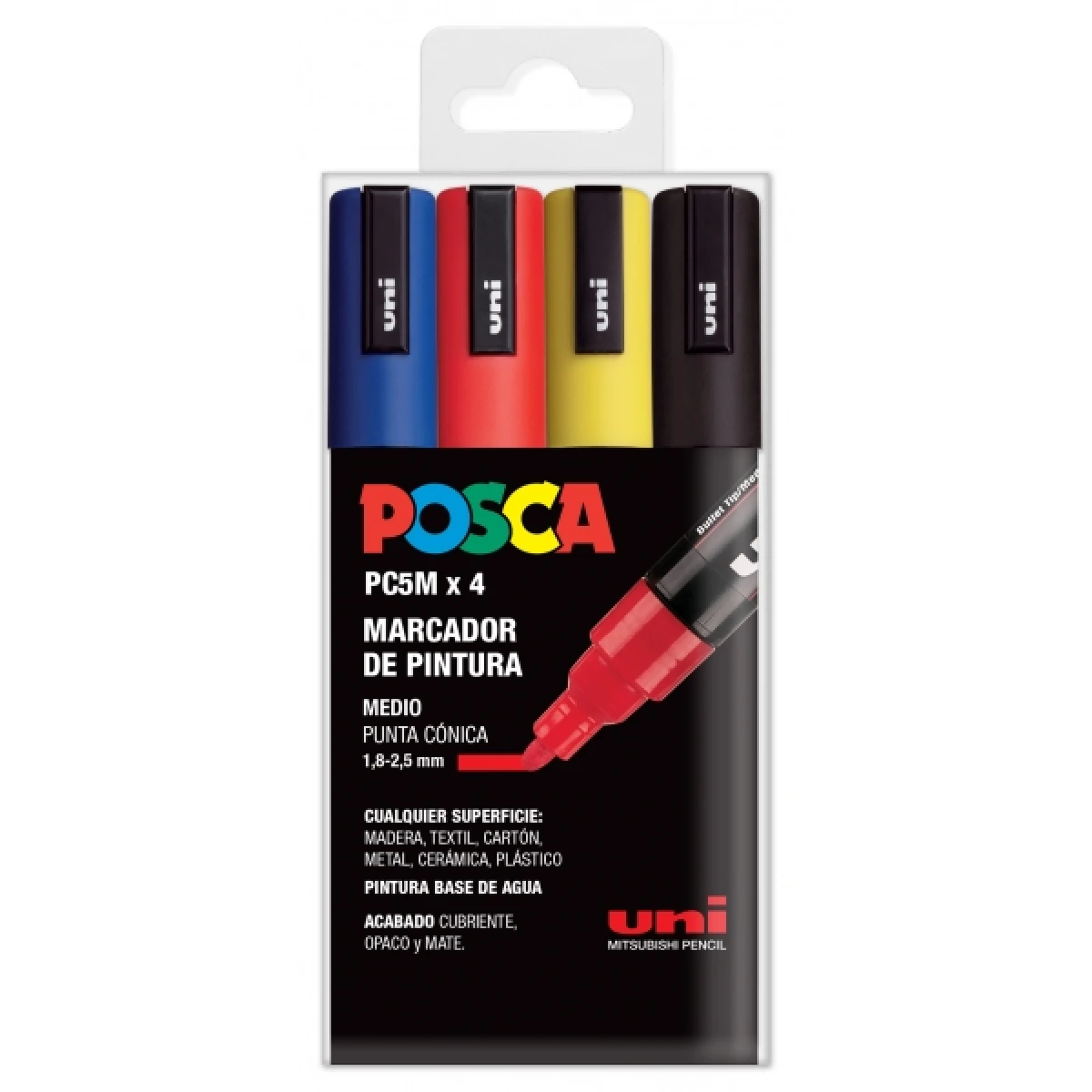 Thumbnail-Posca PC-5M Pacote de 4 marcadores de tinta – Ponta de bala 1,8-2,5 mm – Tinta à base de água – Não permanente – Resistente à luz – Cores azul, vermelho, amarelo e preto