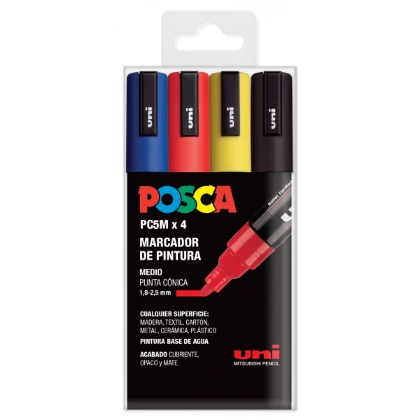 Thumbnail-Posca PC-5M Pacote de 4 marcadores de tinta – Ponta de bala 1,8-2,5 mm – Tinta à base de água – Não permanente – Resistente à luz – Cores azul, vermelho, amarelo e preto