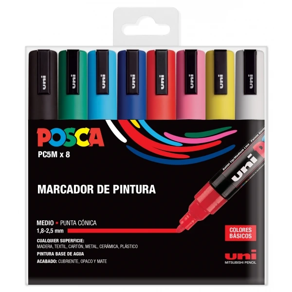 Thumbnail-Posca PC-5M/8C Estojo com 8 marcadores de tinta – Ponta de poliéster 1,8-2,5 mm – Tinta à base de água – Resistente à luz – Não permanente – Cores sortidas