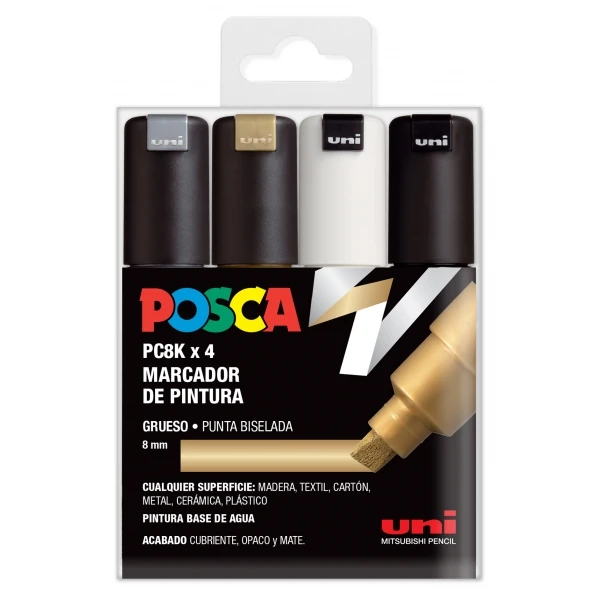 Thumbnail-Posca PC-8K Estojo com 4 marcadores de tinta – Ponta chanfrada acrílica de 8 mm – Tinta à base de água – Resistente à luz – Cores sortidas