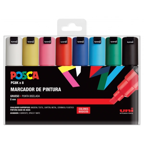 Thumbnail-Posca PC-8K/8C Estojo com 8 marcadores de tinta – Ponta chanfrada acrílica de 8 mm – Tinta à base de água – Resistente à luz – Cores sortidas