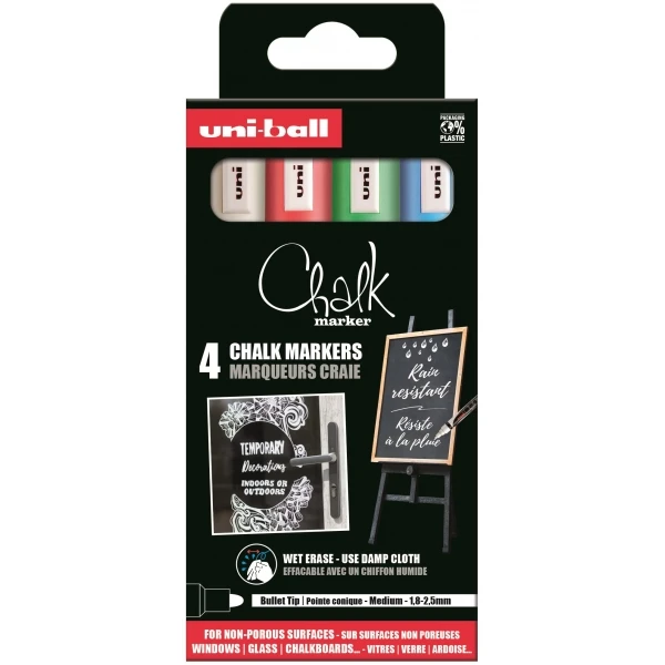 Thumbnail-Uni-ball Chalk PWE-5M Pacote de 4 marcadores de giz líquido – ponta cônica 1,8-2,5 mm – apagável úmido – resistente à chuva e ao ar livre – cores branco, vermelho, azul e verde