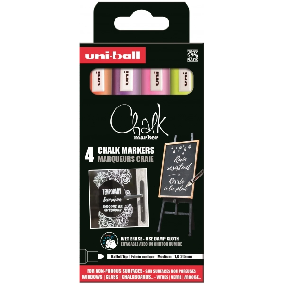 Thumbnail-Uni-ball Chalk PWE-5M Pacote de 4 marcadores de giz líquido – Ponta cônica 1,8-2,5 mm – Apagável em molhado – Resistente à chuva – Ideal para quadros negros e vidro – Cores violeta, amarelo, laranja e rosa