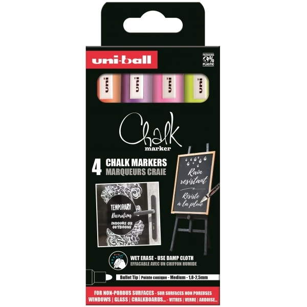 Thumbnail-Uni-ball Chalk PWE-5M Pacote de 4 marcadores de giz líquido – Ponta cônica 1,8-2,5 mm – Apagável em molhado – Resistente à chuva – Ideal para quadros negros e vidro – Cores violeta, amarelo, laranja e rosa