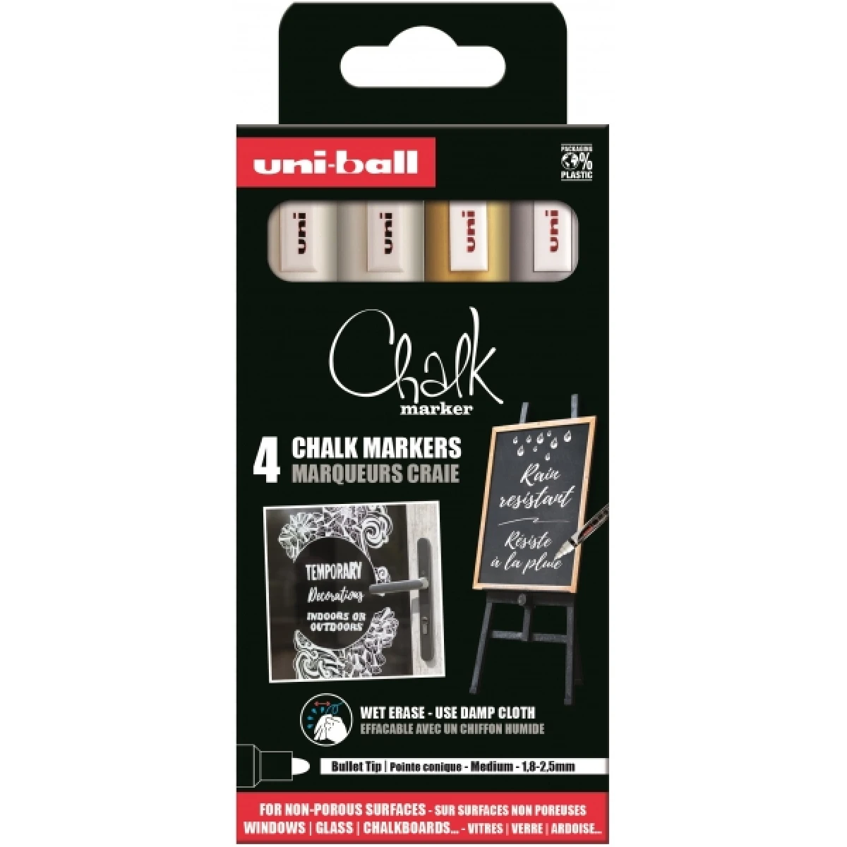 Thumbnail-Uni-ball Chalk PWE-5M Pacote de 4 marcadores de giz líquido – Ponta cônica 1,8-2,5 mm – Apagável úmido – Resistente à chuva e ao ar livre – Cores branco, dourado e prateado