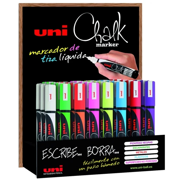 Thumbnail-Uni-ball Chalk PWE-5M Expositor de 36 marcadores de giz líquido – Ponta cônica 1,8-2,5 mm – Apagamento úmido – Resistente à chuva – Cores sortidas