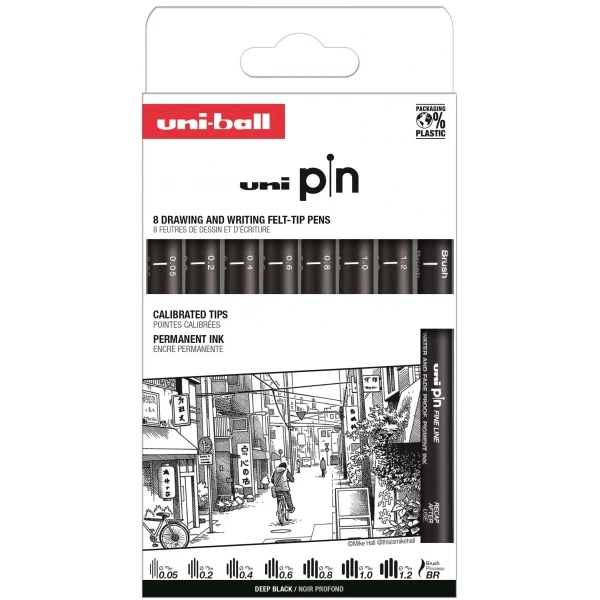 Thumbnail-Uni-ball Uni Pin Clasico II Pacote de 8 Marcadores Calibrados 0,05, 0,2, 0,4, 0,6, 0,8, 1,0, 1,2 e Pincel – Ponta Poliacetal – Tinta Pigmentada Resistente à Água e Luz – Cor Preto