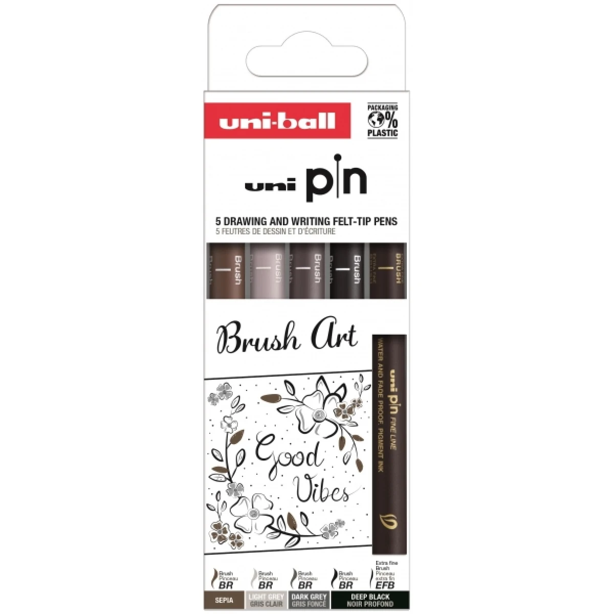 Thumbnail-Uni-ball Uni Pin Brush Art Pack com 5 Pincéis Marcadores Calibrados e Pincel Extra Fino – Ponta Poliacetal – Tinta Pigmentada Resistente à Água e Luz – Cores Preto, Cinza e Sépia