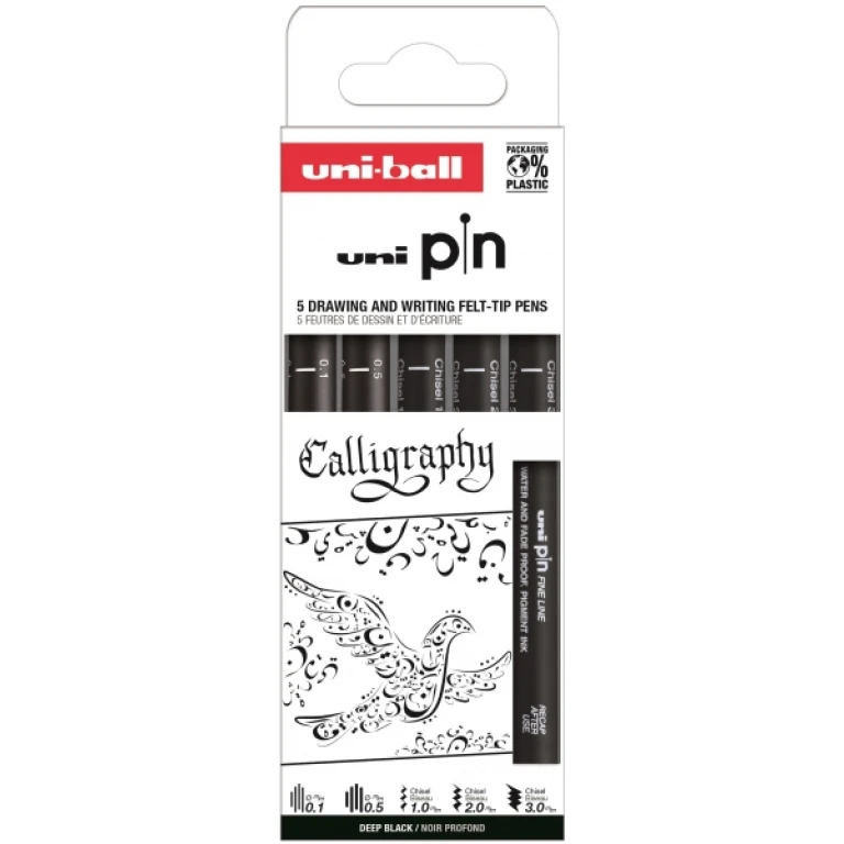 Thumbnail-Pacote de caligrafia Uni-ball Uni Pin com 5 marcadores calibrados 0,1, 0,5, cinzel 1.0, cinzel 2.0 e cinzel 3.0 – tinta pigmentada resistente à água e à luz – ideal para desenho e escrita profissional – cor preta