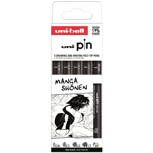 Thumbnail-Uni-ball Uni Pin Manga Shonen Pacote de 5 Marcadores Calibrados 0,05, 0,3, 0,8, 1,2 e Pincel – Ponta Poliacetal – Tinta Pigmentada Resistente à Água e Luz – Cor Preta