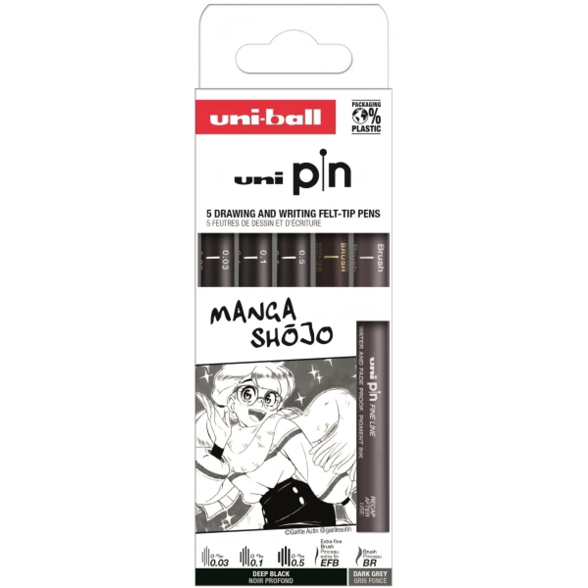 Thumbnail-Uni-ball Uni Pin Manga Shojo Pacote de 5 Marcadores Calibrados 0,03, 0,1, 0,5, Pincel Cinza e EFB Preto – Ponta Poliacetal – Tinta Pigmentada Resistente à Água e Luz – Cores Preto e Cinza Escuro