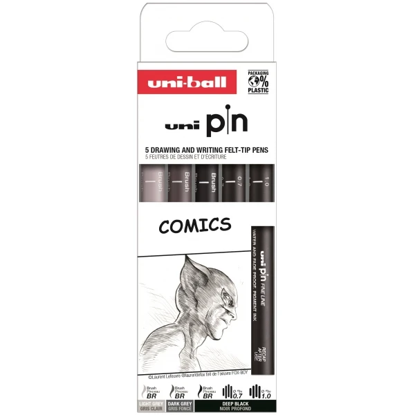 Thumbnail-Uni-ball Uni Pin Comics Pacote de 5 Marcadores Calibrados 0.7, 1.0 e Pincel – Ponta Poliacetal – Tinta Pigmentada Resistente à Água e Luz – Cores Preto e Cinza