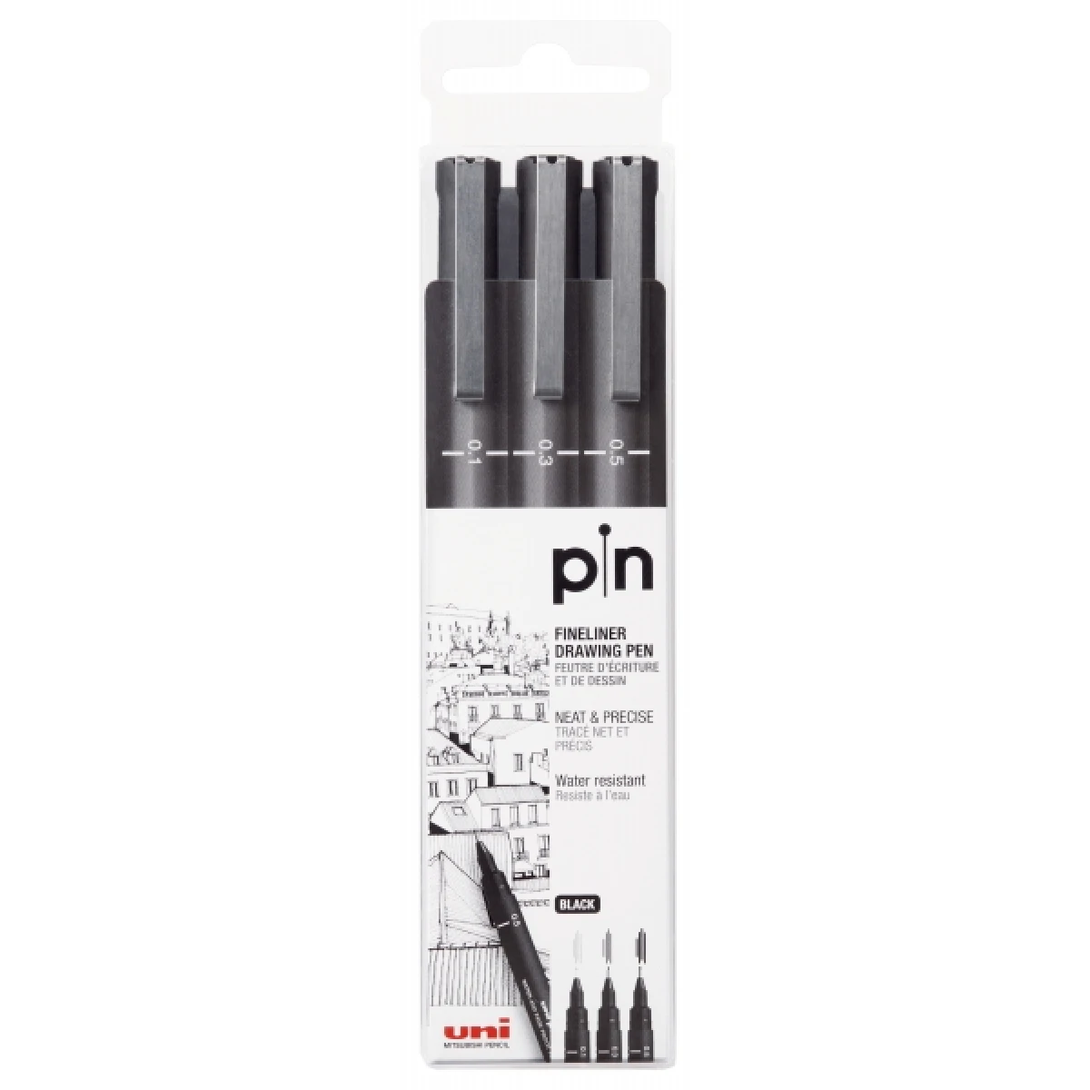 Thumbnail-Pacote Uni-ball Uni Pin de 3 marcadores calibrados 0,1, 0,3, 0,5 – Ponta de poliacetal – Tinta pigmentada resistente à água e à luz – Ideal para desenho e escrita profissional – Cor preta