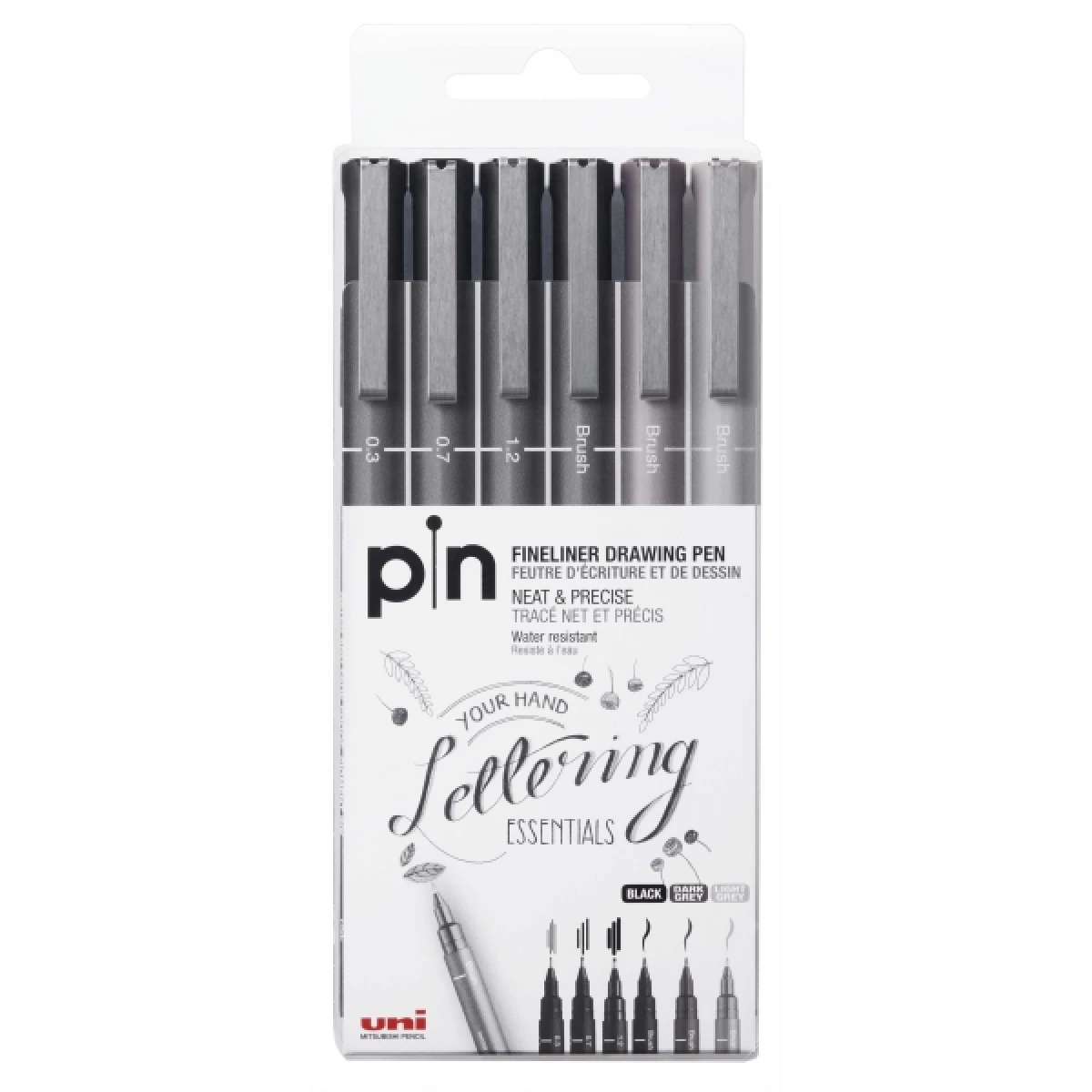 Thumbnail-Pacote Uni-ball Uni Pin de 6 Marcadores Calibrados 0,3, 0,7, 1,2, Pincel – Ponta Poliacetal – Tinta Pigmentada Resistente à Água e Luz – Ideal para Desenho e Escrita Profissional – Cores Preto e Cinza