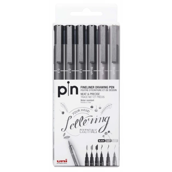 Thumbnail-Pacote Uni-ball Uni Pin de 6 Marcadores Calibrados 0,3, 0,7, 1,2, Pincel – Ponta Poliacetal – Tinta Pigmentada Resistente à Água e Luz – Ideal para Desenho e Escrita Profissional – Cores Preto e Cinza