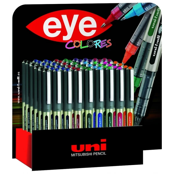 Thumbnail-Expositor Uni-ball UB-157 Eye Fine de 54 canetas de tinta líquida – Ponta esferográfica 0,7 mm – Tinta resistente à água e à luz – Sistema de controle de tinta – Janela de nível de tinta – Cores sortidas