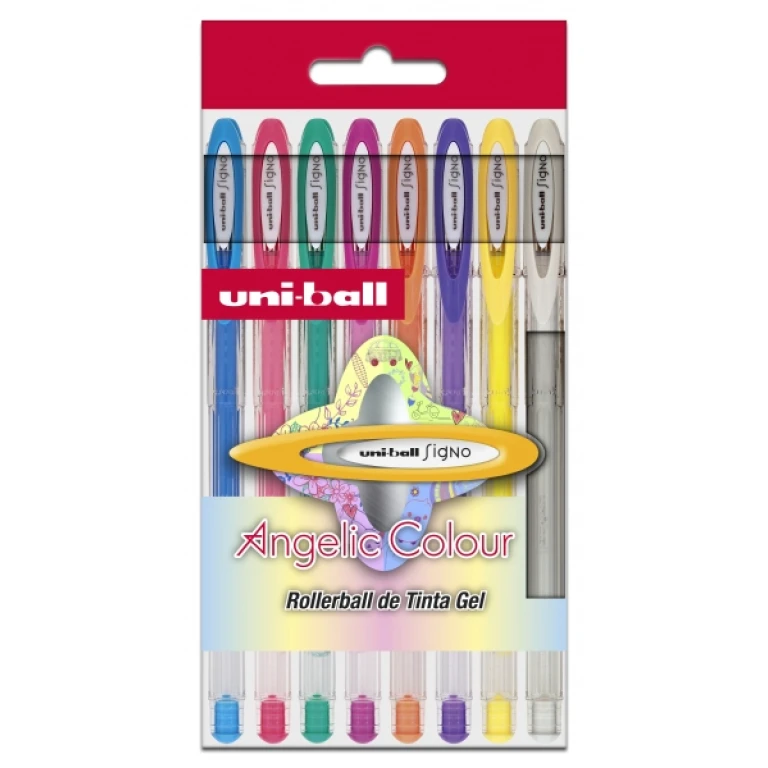 Thumbnail-Uni-ball Signo Angelic Pacote de 8 rolos de tinta gel – Ponta esférica 0,7 mm – Tinta resistente à água e à luz – Escreva em papel preto e branco – Cores sortidas