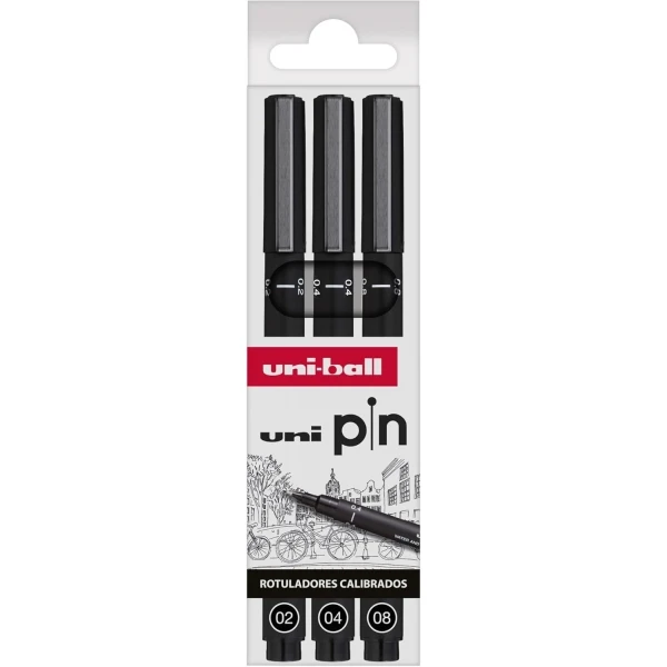 Thumbnail-Uni-ball Uni Pin Pacote de 3 Marcadores Calibrados 0,2, 0,4, 0,8 – Ponta Poliacetal – Tinta Pigmentada Resistente à Água e Luz – Cor Preto