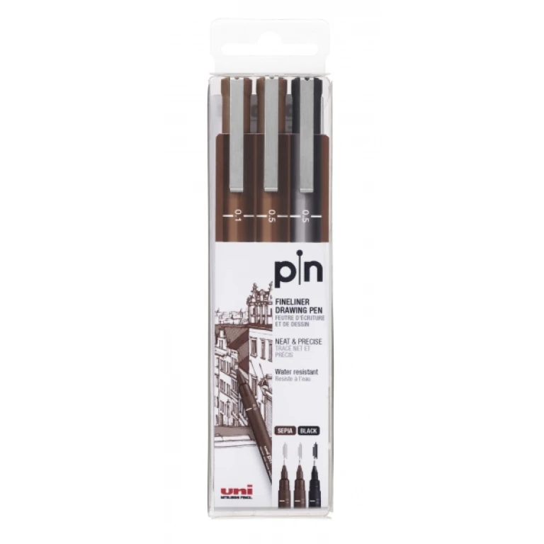 Thumbnail-Pacote Uni-ball Uni Pin de 3 marcadores calibrados 0,1, 0,5 – Ponta poliacetal – Tinta pigmentada resistente à água e à luz – Ideal para desenho e escrita profissional – Cores preto e sépia