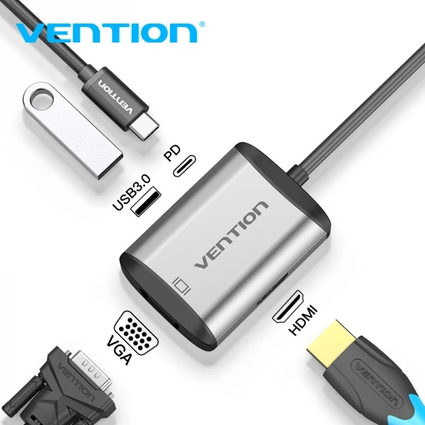 Thumbnail-Vention Docking Station 4 em 1 USB-C para HDMI/VGA/USB3.0/PD87W – 0,15m – Cor Cinza