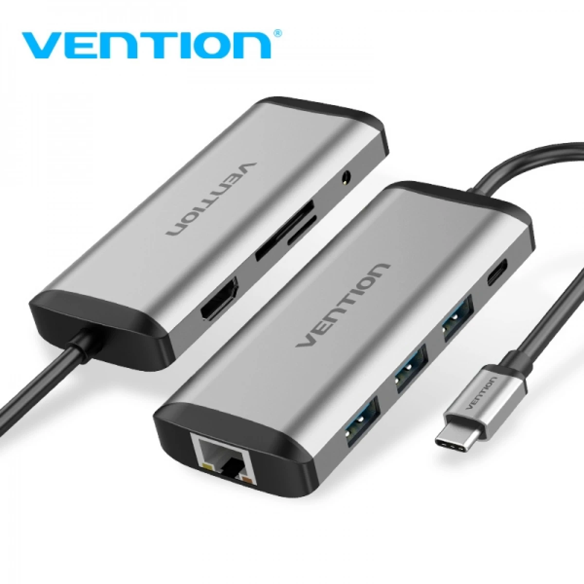 Thumbnail-Vention Docking Station 9 em 1 USB-C para HDMI 4K/3xUSB 3.0/RJ45/SD Reader/MicroSD/Jack Audio/PD 87W – 0,15m – Cor Cinza