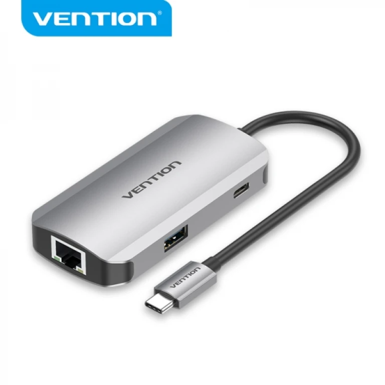 Thumbnail-Vention HUB 5 em 1 USB-C para 3xUSB3.0/RJ45/PD100W – 0,15m – Cor Cinza