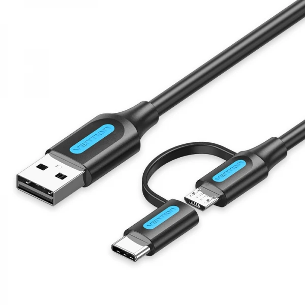 Thumbnail-Cabo Vention USB 2.0 Macho para MicroUSB+USB-C Macho – 0,5m – 3A 60W 480Mbps – Cor Preto