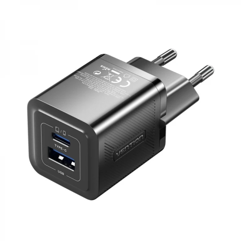 Thumbnail-Carregador de parede Vention GaN 2 portas USB (C+A) (30W/30W) – Quick Charge EU – Cor preta