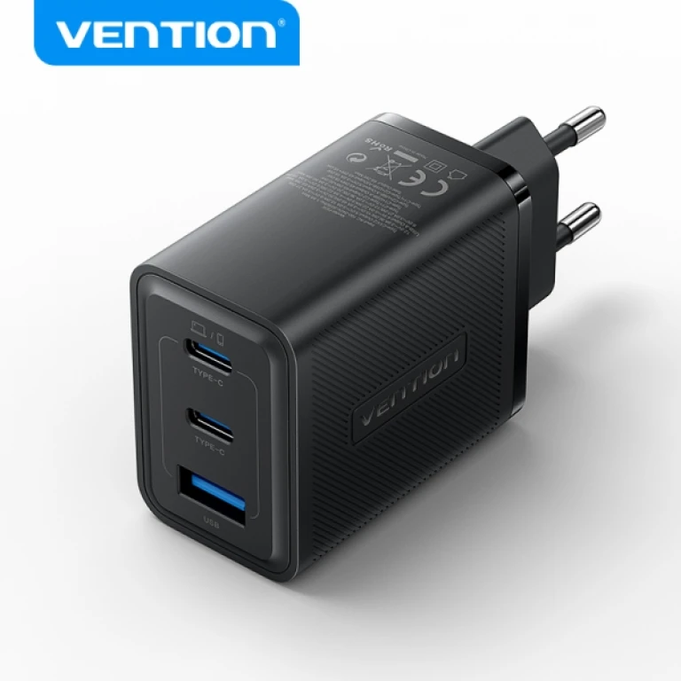 Thumbnail-Carregador de parede Vention GaN 3 portas USB (C + C + A) (65W/65W/30W) – UE – Cor Preto