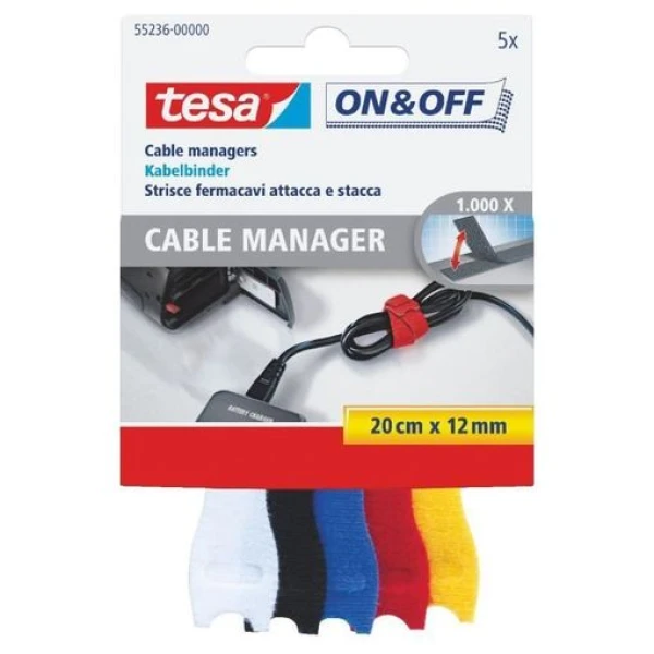 Thumbnail-Tesa On & Off Cables Manager Pacote de tiras de velcro 20cm x 12mm – Para organizar cabos – Cores sortidas