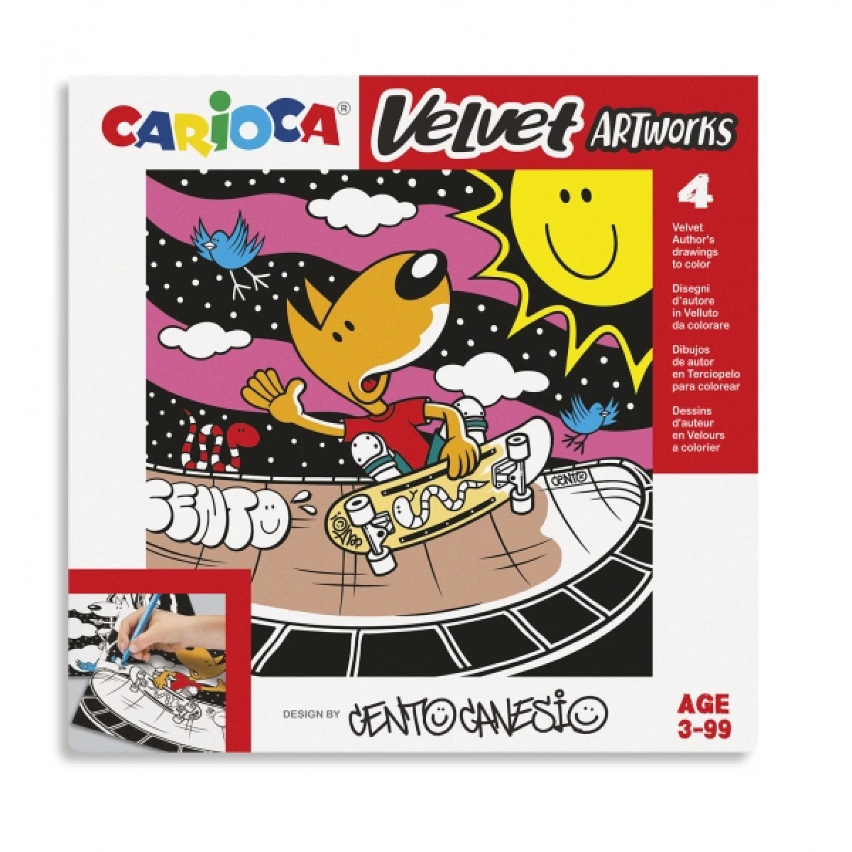 Thumbnail-Pacote Carioca de 4 Ilustrações em Veludo para Colorir – Textura Suave – Desenvolver Destreza e Criatividade – Colaboração com Cento Canesio – Várias Cores