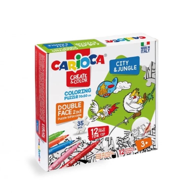 Thumbnail-Carioca Create & Color Coloring Puzzle City & Jungle Pacote com 35 peças dupla face para colorir – Dureza do papelão e precisão da renda – Inclui 12 marcadores super laváveis – Cores diversas