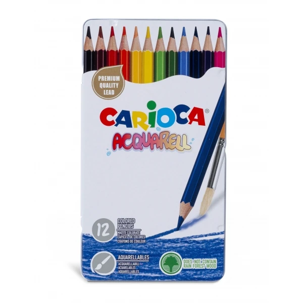 Thumbnail-Carioca Acquarell Pacote de 12 Lápis Aquarela – Caixa de Metal – Efeito Aquarela com Água e Pincel – Cores Intensas e Brilhantes – Escrita Suave – Chumbo Ø 3,3mm – Cores Diversas