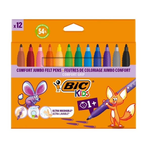 Thumbnail-Pacote Jumbo BIC Kids Comfort de 12 marcadores com tinta lavável – Fácil de limpar – Aderência antiderrapante – Cores sortidas